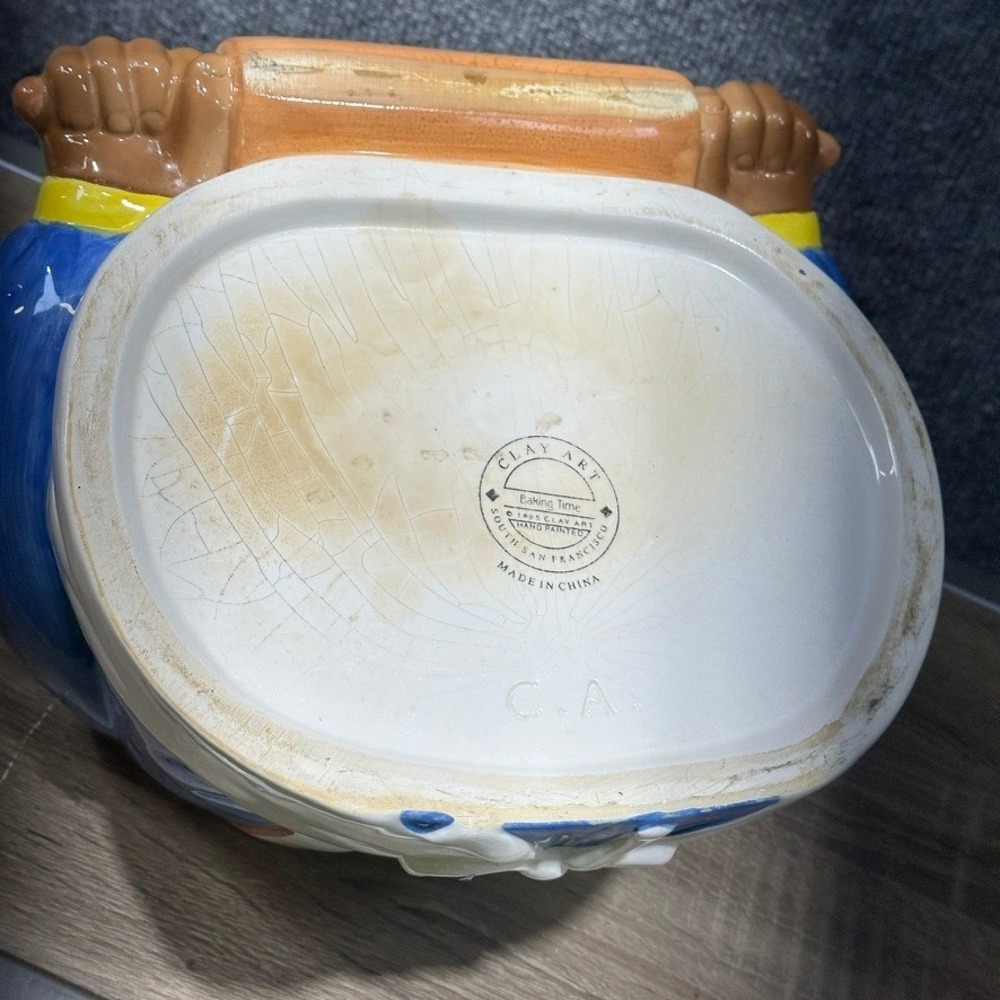 Vintage Clay Art Cookie Jar Blue Dress Rolling Pin Americana Kitchen Decor - Picture 11 of 16